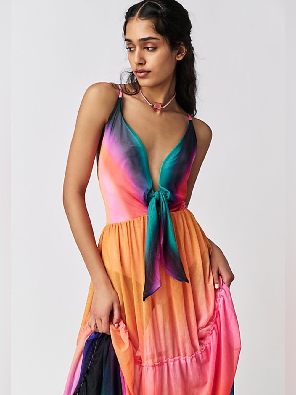NWT Agua Bendita Cosmea Multicolor Gradient Tie-Front Maxi Dress Sz L